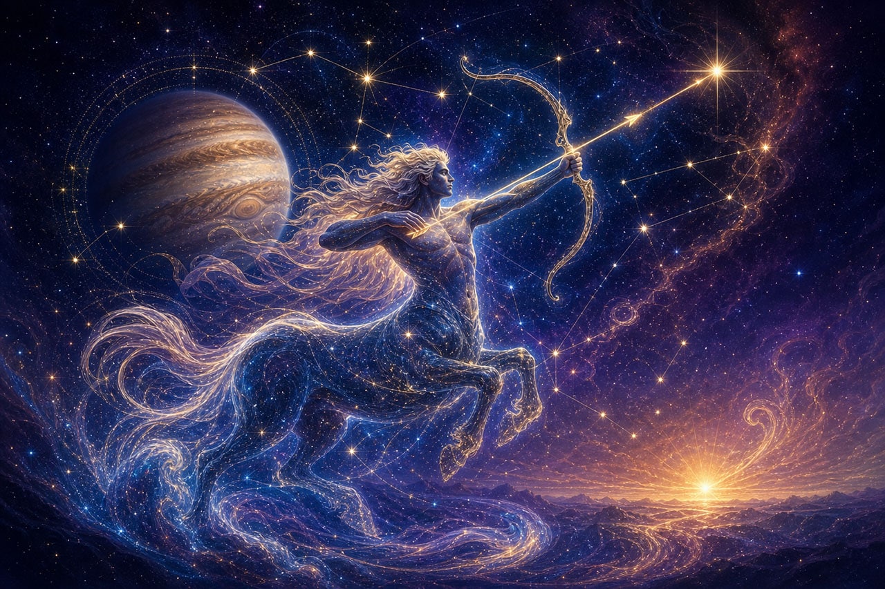 Zodiac Sagittarius shooting star in a cosmic night sky with planets and stars.