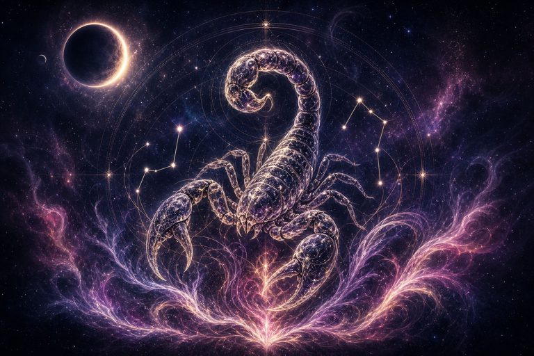 Zodiac scorpio in space with stars and a moon in the background.