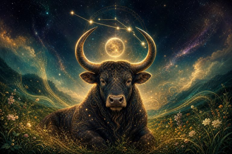 Zodiac Taurus with glowing horns under a starry sky and celestial moon.