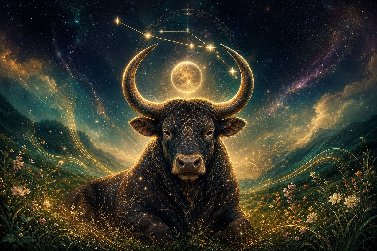 Zodiac Taurus with glowing horns under a starry sky and celestial moon.