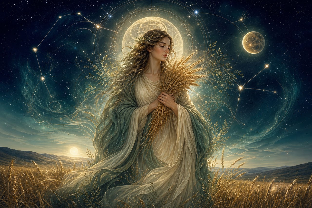 Zodiac Virgo with flowing hair holding wheat in a cosmic landscape.